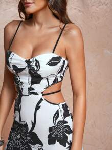 Thainara Oliveira Designer Women Floral Flower Print Spaghetti Strap Hollow Out Mini Dress, Concert Outfit, Holiday, Festival, Prom Dress