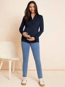 MaterniWear Maternity Plain Long Sleeve Simple Crossover Nursing Top - Navy Blue - View 6