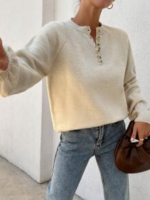 EURMUSE Elegant Melange Yarn Half Button Crew Neck Detailed Sweater - Apricot - View 5