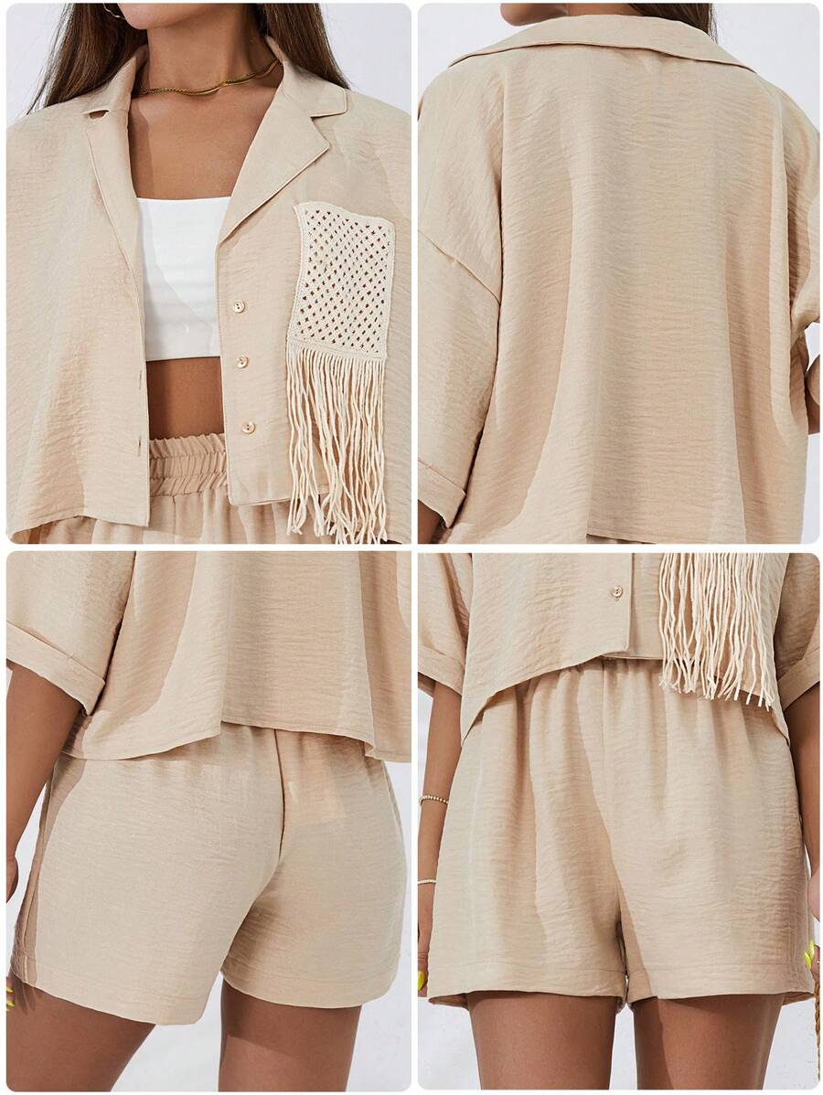 RueChic Women Embroidery Pocket Shirt & Shor Set - Beige - View 1