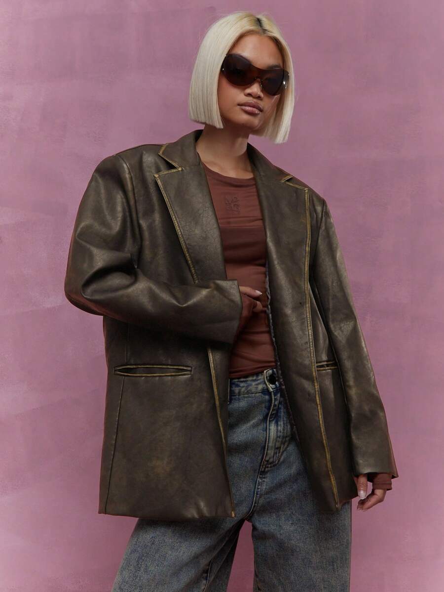 MISSGUIDED 褪色印花长款仿皮夹克 办公室装 - 黑色 - 查看 1