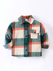 年轻男孩休闲美式领羊毛夹克，格子图案，前口袋，可调节袖口，舒适耐用，适合日常穿着，适合秋冬季