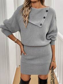 Chiquease Women Asymmetrical Neck Button Closure Long Sleeve Solid Color Knitted Sweater Dress