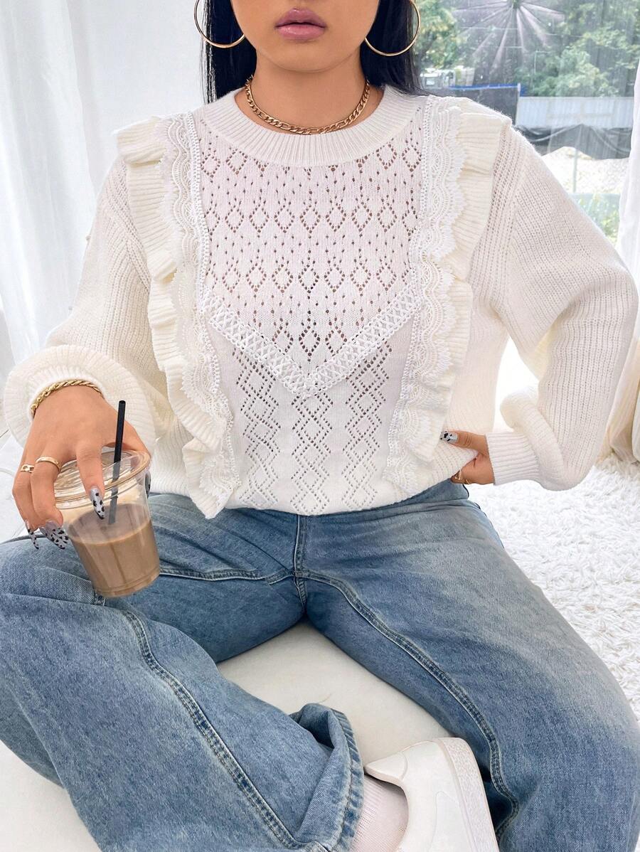 Calvaya Plus Size Plain Crew Neck Ruffle Hem Casual Long Sleeve Sweater Knit Pullover Fall Winter - White - View 1