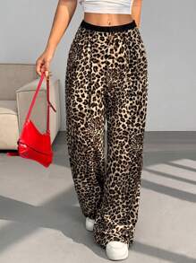 SHEIN EZwear 女式休闲豹纹宽腿拼色高腰西装裤 - 彩色 - 查看 6