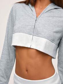 SHEIN BASICS Casual Knitted Color Matching Fitted Cropped Hooded Long-Sleeved Women's Sweatshirt - Light Grey - View 3