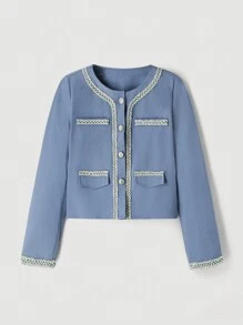 SHEIN MOD Round Neck Elegant Short Coat With Small Pockets In Blue, Winter, Office Coat, Party Coat,Fall,Concert - Blue - View 1