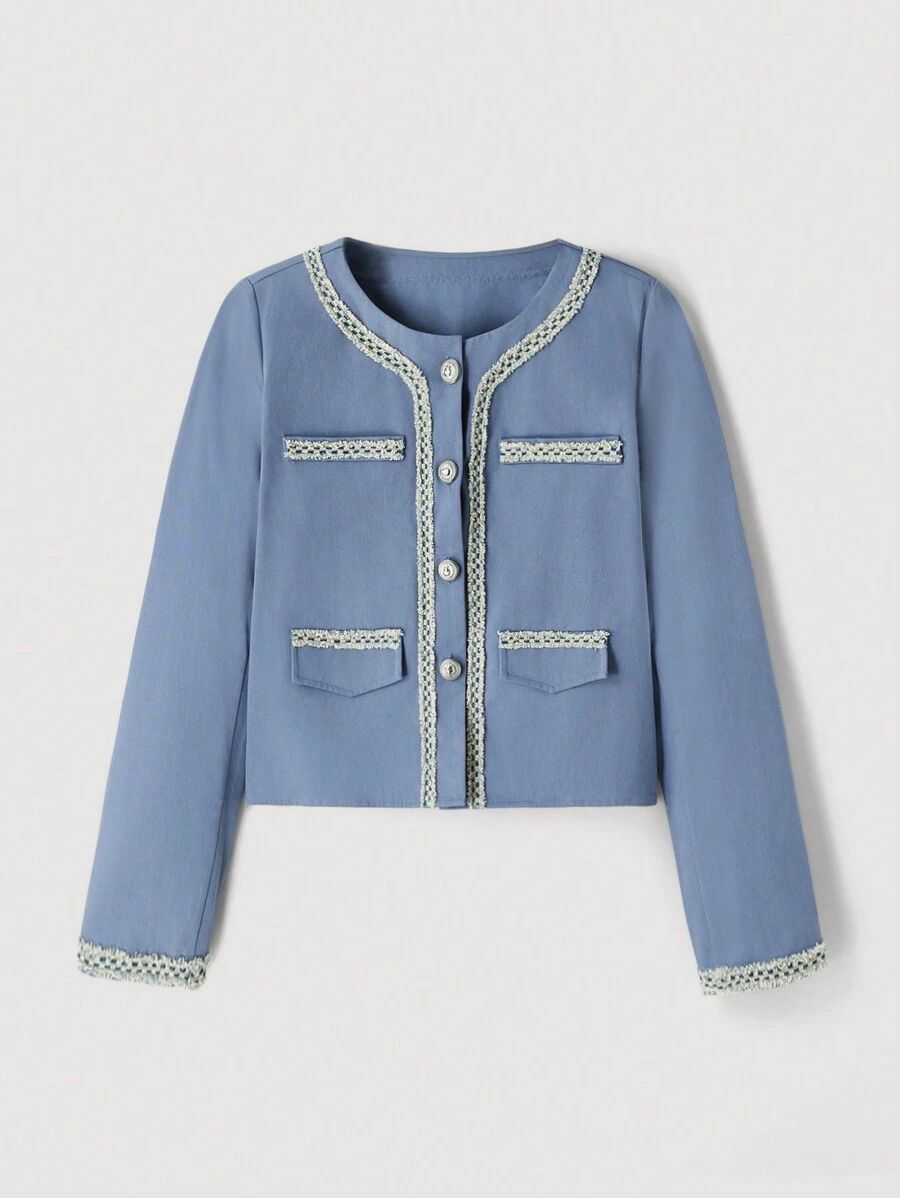 SHEIN MOD Round Neck Elegant Short Coat With Small Pockets In Blue, Winter, Office Coat, Party Coat,Fall,Concert - Blue - View 1