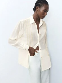 Maija Women's Spring And Summer Casual Ribbon Stitching Long Sleeve Shirt - Apricot - View 8