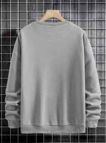 EURMUSE Men's Drop Shoulder Letter Patch Fleece Pullover Sweatshirt - Light Grey - View 2