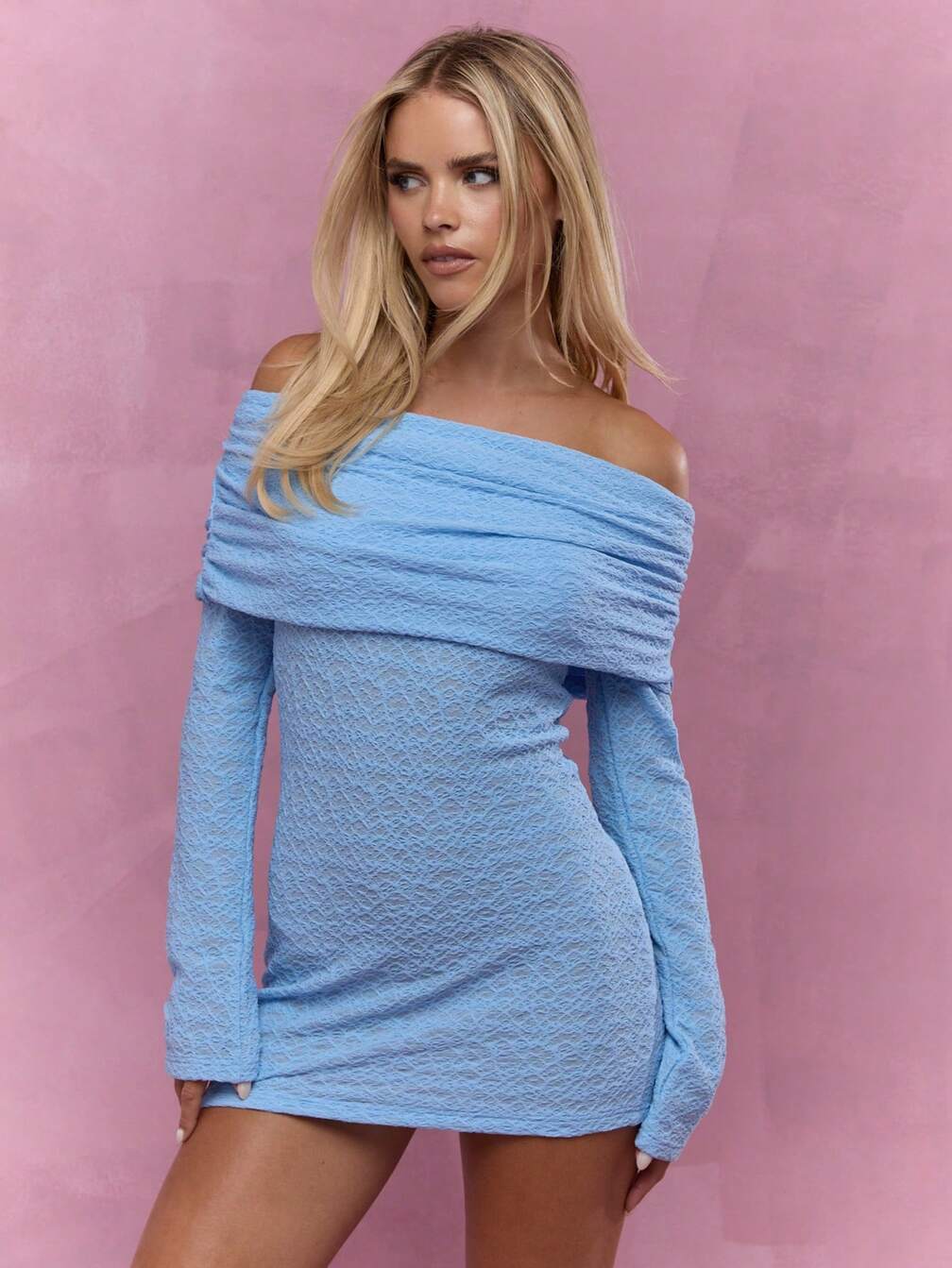 missguided blue ruched dress MISSGUIDED Textured Ruched Off Shoulder Long Sleeves Bodycon Mini Dress｜ MISSGUIDED
