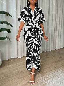 SHEIN Clasi Women's Geometric Print Short Sleeve Pleated Fitted Dress - Black - View 3