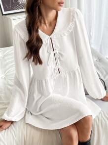 Chiquease 蝴蝶结腰灯笼袖甜美女士连衣裙 - 白色 - 查看 6