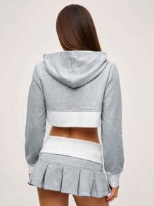 SHEIN BASICS Casual Knitted Color Matching Fitted Cropped Hooded Long-Sleeved Women's Sweatshirt - Light Grey - View 2