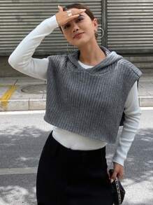 DAZY Top corto de punto con capucha de unicolor para primavera y otoño - Gris - Ver 5