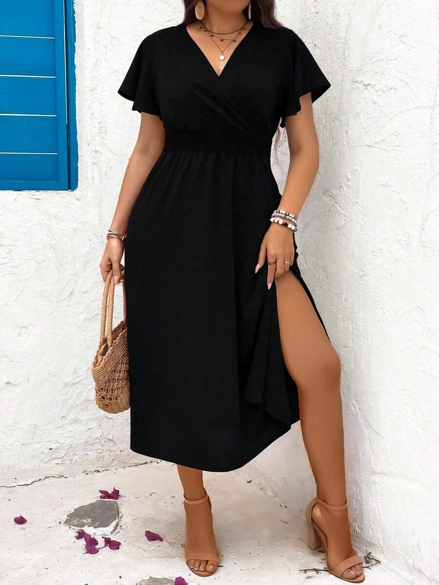 SHEIN LUNE Plus Size Women's Solid Color Overlap V-Neck Ruffled Short Sleeve Casual Dress, Summer Maxi Women Outfit - Black - View 1