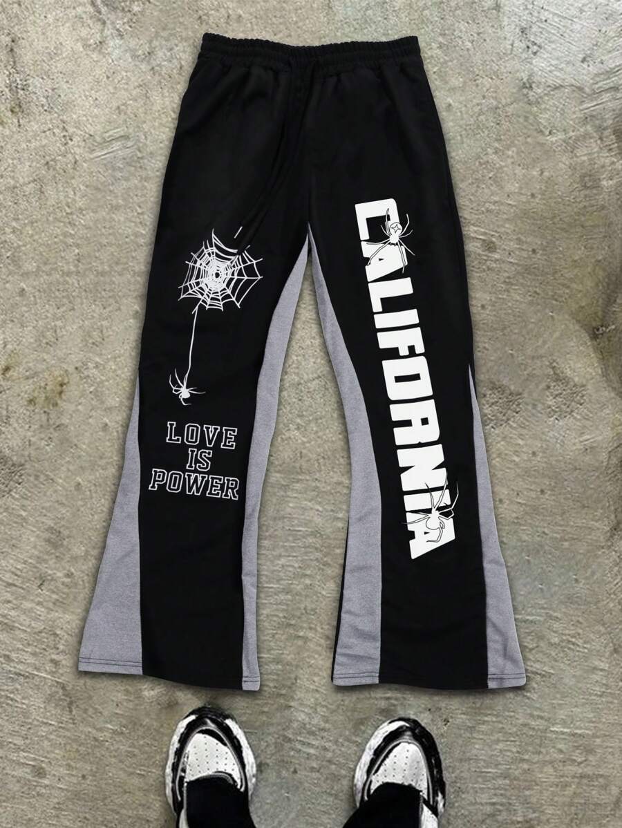 Manfinity Roghcode Menfinity Streetrush Y2K Men's Slogan Spider Web Printed Flared Fashion Casual Sweatpants, Fall, Halloween - Multicolor - View 1