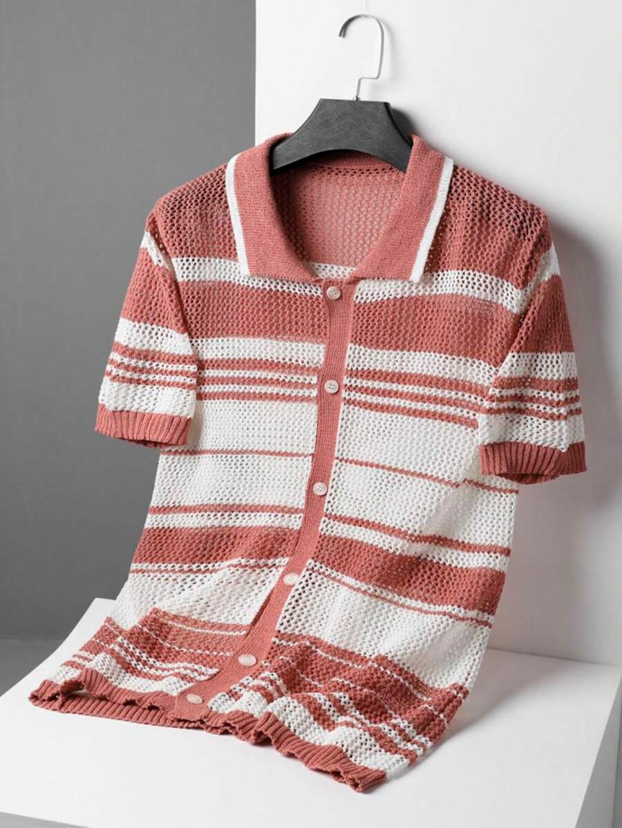 Claim Dot Men Spring And Summer Casual Contrast Striped Hollow Knit Top - Multicolor - View 1