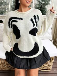 Flirla Plus Size Relaxed Fit Colorblock Smiling Face Knit Sweater