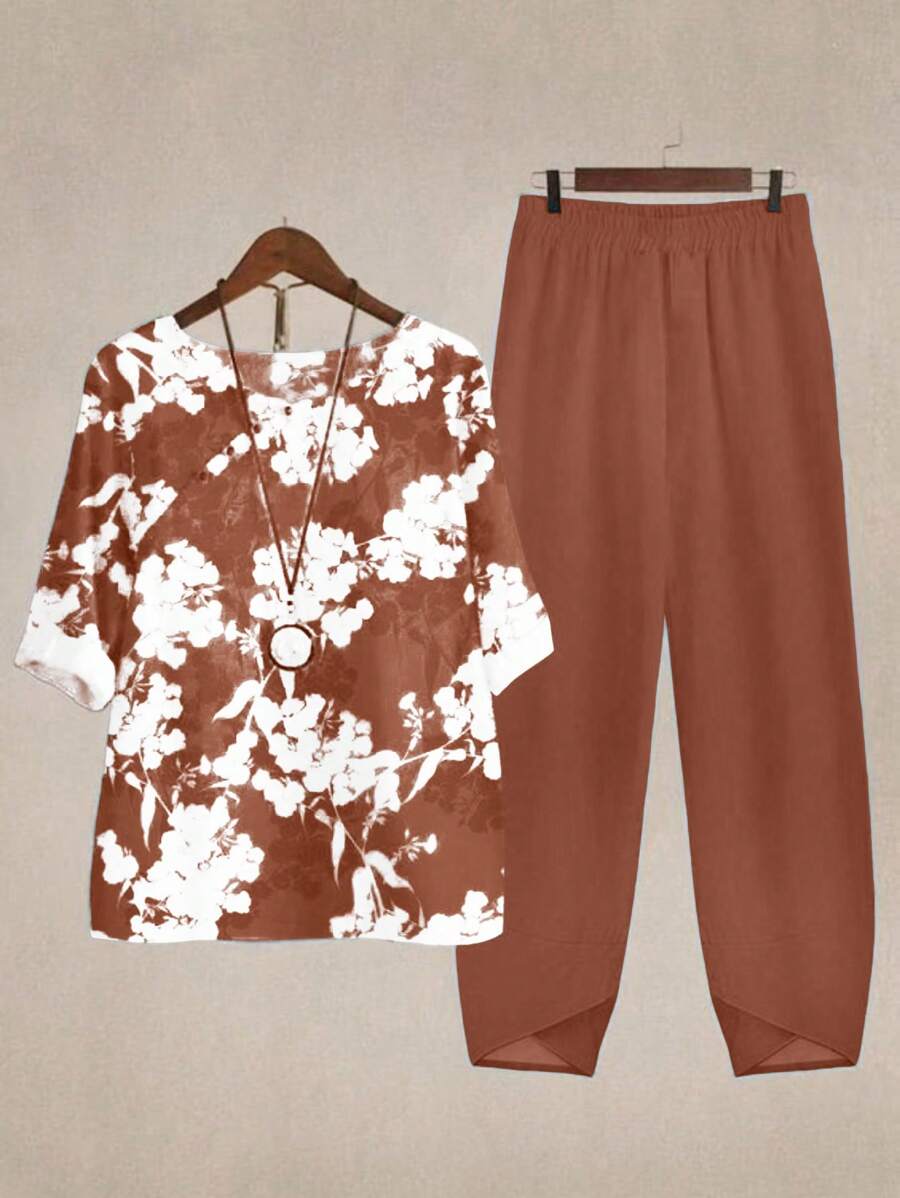 Linhara 2pcs Plus Size Crew Neck Printed Short Sleeve Top And Straight Leg Casual Pants - Orange - View 1