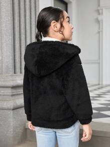 SHEIN Explorewe Young Girl Black Fluffy Jacket With Faux Pearl Decor , Elegant And Versatile Design Suitable For Casual Wear, Formal Occasions, And Autumn/Winter Seasons - Black - View 2