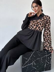 Firerie Women's Elegant Commuter Blouse Leopard Print Asymmetric Color Block Long Sleeve Shirt