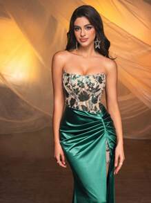 Glamrae Elegant, Gorgeous, Champagne Color Contrasting Dark Green Sexy Bodycon Luxurious Sequins Floral Design, Stretch Glossy Satin Fabric, Herringbone Stitching Details, High Slit Fishtail Floor-Length Style Suitable For Wedding Events, Bachelorette Parties, Graduation Prom Informal Dinner Dresses (Heavy Industrial Style) Party Dress Wedding Guest Dress Evening Dress,Gown