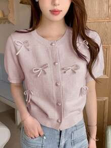 DAZY Cárdigan de mujer de unicolor, de manga corta, cuello redondo y lazo, ropa de otoño, ropa de vuelta al colegio