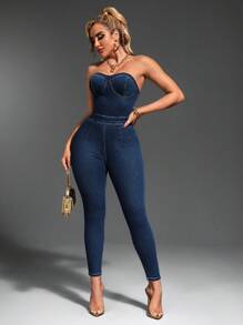 SHEIN SXY 女士纯色简约露背牛仔连身裤 - 深色水洗藍 - 查看 4