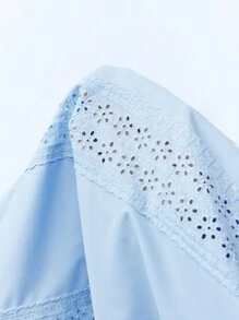 Maija 女士蓝色圆领灯笼袖孔眼刺绣系带镂空简约休闲衬衫，适合度假和海滩 - 藍色 - 查看 6