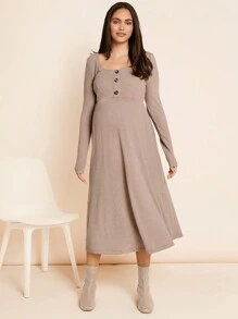 SHEIN Váy bầu dài vừa phải cài nút kaki, váy bầu dài - Lạc đà - Xem 2