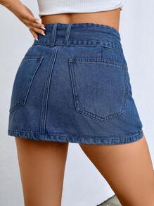 SHEIN EZwear 女士休闲简约牛仔迷你裙，适合日常穿着，夏季 - 中等水洗藍 - 查看 2