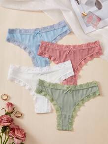 4 Pcs/Set Sexy Lace Patchwork Solid Color Bow Decor Thong - Multicolor - View 1