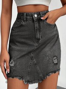 EURMUSE Ripped Raw Hem Denim Skirt - Grey - View 3