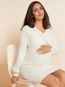 SHEIN 孕妇扭纹 V 领长袖修身毛衣，适合孕妇，秋冬季 - 白色 - 查看 4