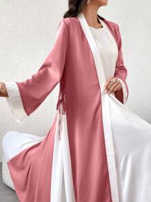 Yasmyna Áo Abaya Ả Rập ống rộng, viền tương phản, kín đáo cho nữ, hở phía trước, thanh lịch, dài tay, rộng rãi, thường ngày, mặc hàng ngày/ở nhà/văn phòng/du lịch/ngày lễ/tiệc tùng/đến trường - Hồng - Xem 5