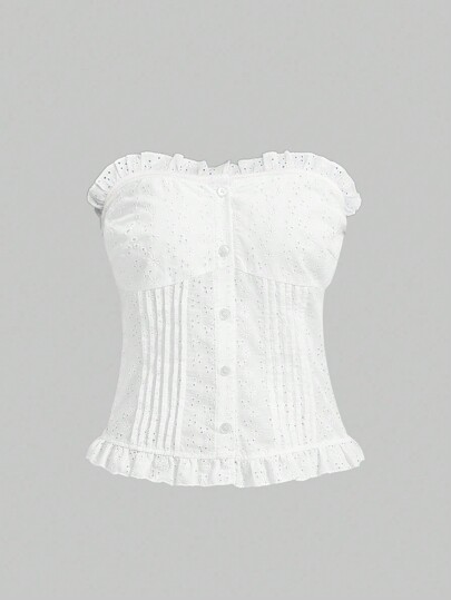 Kawaii Tie Bow Decor Frill Trim Casual Vacation Fitted Top For Women, School