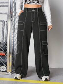 SHEIN ICON 大码拼色明线工装牛仔裤 - 深灰色 - 查看 1