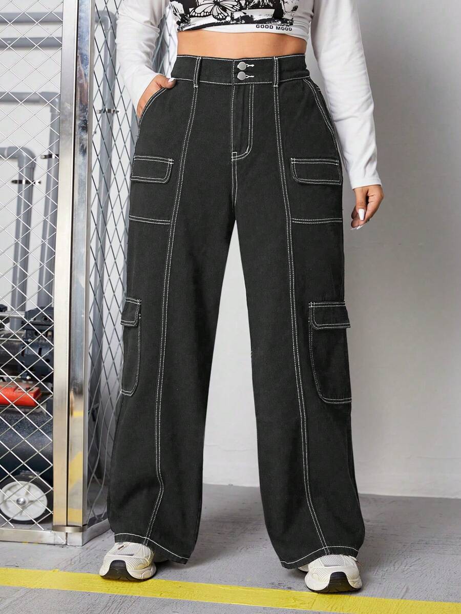 SHEIN ICON 大码拼色明线工装牛仔裤 - 深灰色 - 查看 1