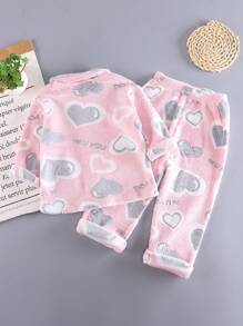 SHEIN 2件套少女简约云朵印花法兰绒长袖上衣和裤子休闲家居服套装