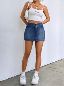 SHEIN EZwear 女士休闲简约牛仔迷你裙，适合日常穿着，夏季 - 中等水洗藍 - 查看 5