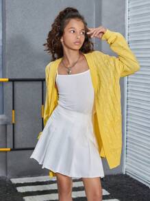 Suéter tipo cárdigan con bolsillo de nudo, amarillo, de moda y encantador para niña preadolescente - Amarillo - Ver 6