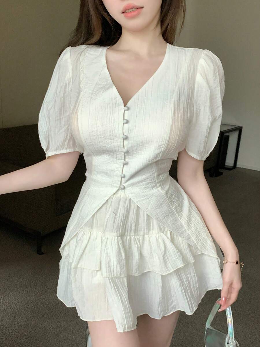 DAZY 2 件套女士夏季休闲纹理半透明衬衫和迷你裙套装