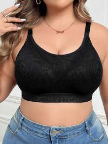 Plus Size Wireless Thin Cup Lace Comfortable Uplifting Bra - Black - View 1