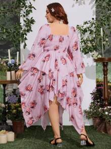 Sunnyshic 大码女式节日花卉印花甜心领灯笼袖不对称下摆优雅连衣裙 - 粉色 - 查看 2