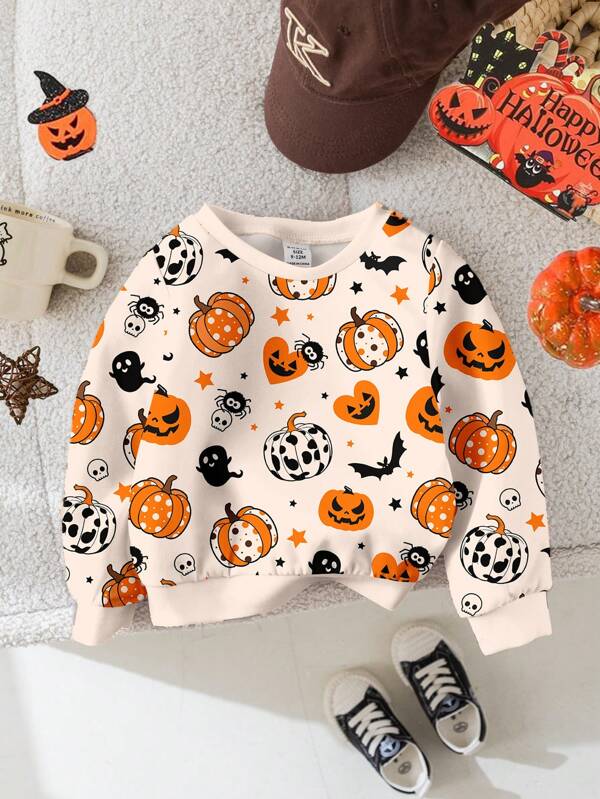 SHEIN Sudadera holgada de cuello redondo de punto suave con estampado de calabaza, murciélago y araña, para niños pequeños, otoño/invierno