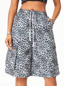 SHEIN EZwear Women's Leopard Print Loose Wide-Leg Bermuda Shorts - Grey - View 1