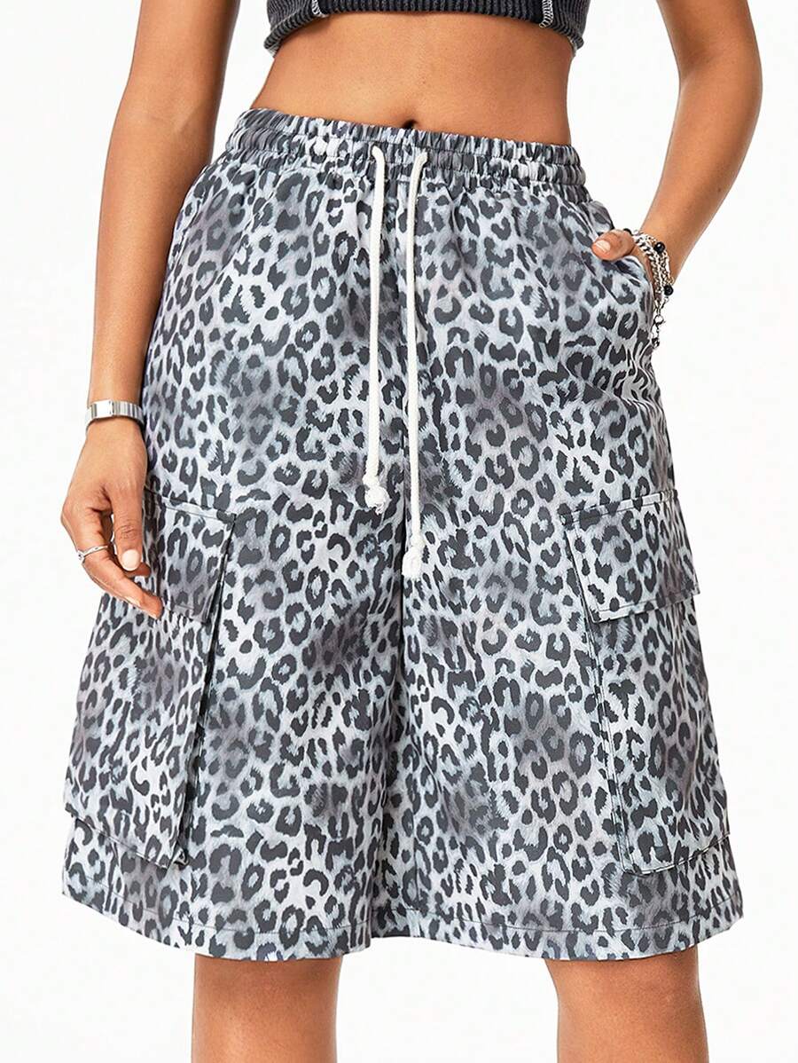 SHEIN EZwear Women's Leopard Print Loose Wide-Leg Bermuda Shorts - Grey - View 1
