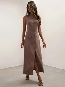 COSMINA 女士休闲纯色前扣无袖中长连衣裙，夏季