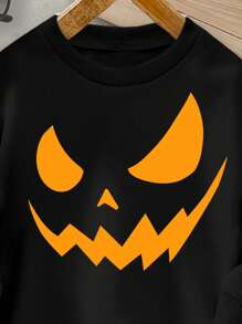 SHEIN Kostium na Halloween, nadruk dyni, młodzi chłopcy Casual Codzienny Wygodny Halloweenowy wzór Dzianinowa bluza z długimi rękawami Nadaje się na lato - Czarne - Zobacz 3
